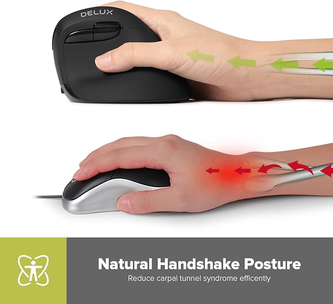 DeLUX Wireless Vertical Mouse, Small Rechargeable Silent Ergonomic Mouse with BT 5.2 and USB Receiver, 6 Buttons and 4000 DPI, for Carpal Tunnel (M618mini-Black)