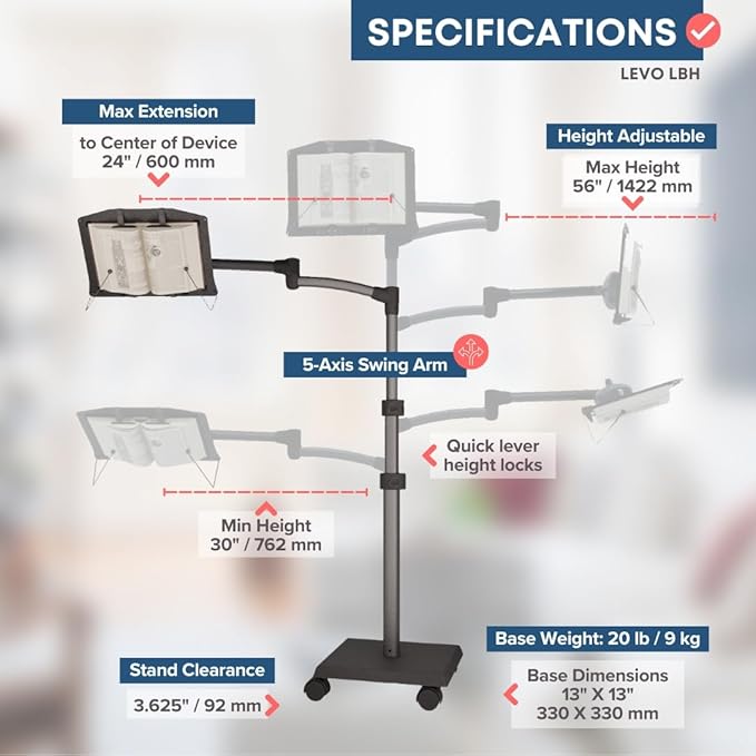 Levo Hands Free Book Stand for Hard Covers, Paperbacks, CookBooks, TextBooks, Magazines