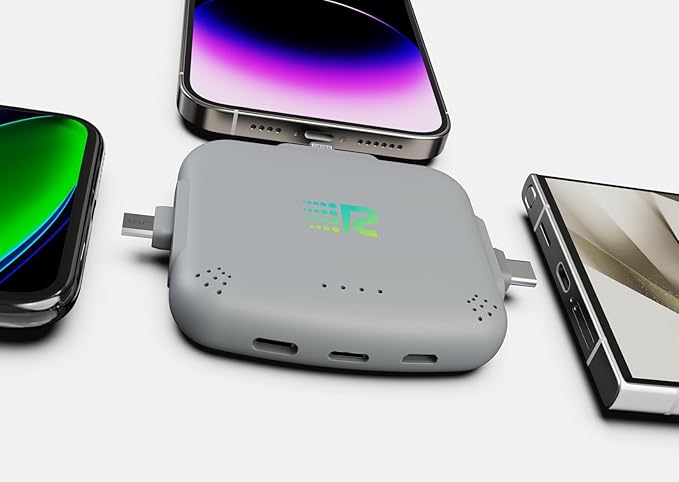 Rush Charge Universe 3 in 1 Portable Charger – 3300mah, 2.4A High-Speed Fast Charging Compatible with iPhone and Android Lightning, Type C, Micro-USB Charges 3 Devices at a Time Pre-Charged RC33 Grey