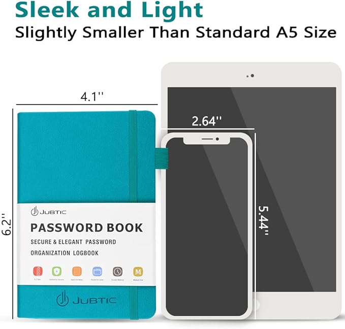JUBTIC Password Book with Alphabetical Tabs. Medium Size Password Keeper Logbook for Internet Log in, Website Address. Hardcover Password Journal Notebook & Organizer for Home Office, Turquoise