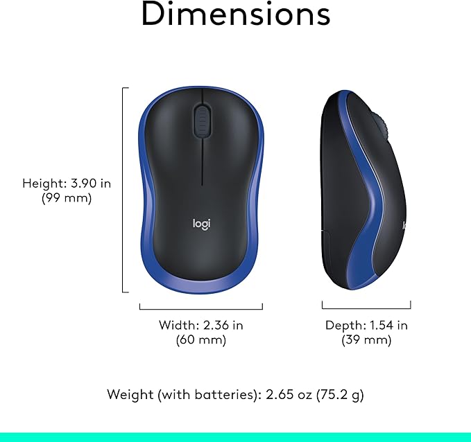 Logitech M185 Wireless Mouse, 2.4GHz with USB Mini Receiver, 12-Month Battery Life, 1000 DPI Optical Tracking, Ambidextrous, Compatible with PC, Mac, Laptop - Blue
