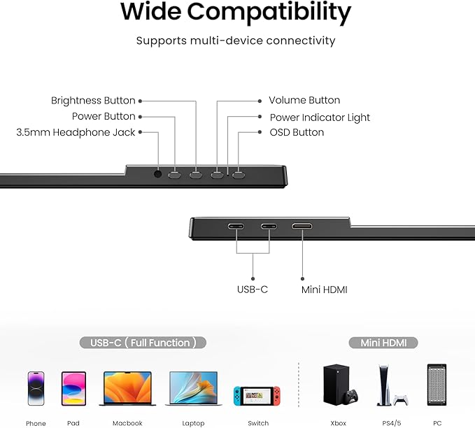 Yxk Portable Monitor 14 inch 2.2K QHD USB C HDMI Ultra-Slim IPS Travel Display & Speakers, HDR Plug&Play, External Monitor for Laptop PC, Phone,Mac