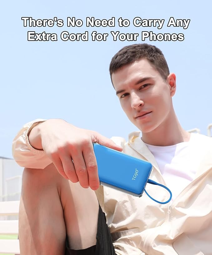 TG90° 2 Pack Slim Portable Charger with Built in Cables,10000mAh Power Bank Travel Charger Cell Phone External Battery Pack,4 Output Portable Bank Compatible with iPhone Android Phone