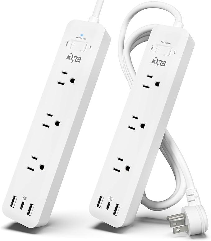 KMC USB-C PD Surge Protector 3-Outlet Power Strip 2-Pack, 30W Power Delivery USB-C Port, 2 USB-A Ports, 980J Surge Protection, 6-Foot Extension Cord, White