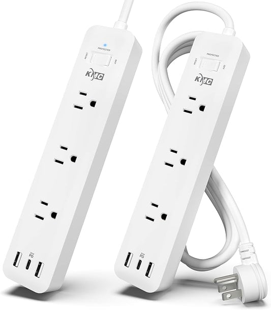 KMC USB-C PD Surge Protector 3-Outlet Power Strip 2-Pack, 30W Power Delivery USB-C Port, 2 USB-A Ports, 980J Surge Protection, 6-Foot Extension Cord, White