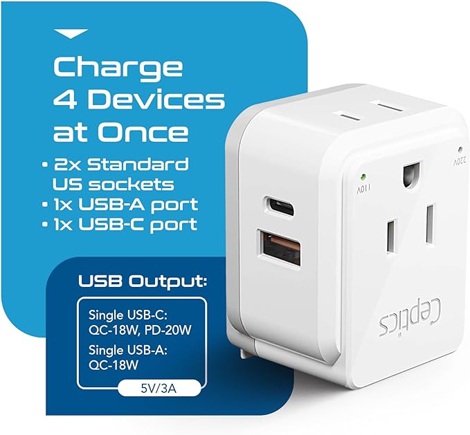 Ceptics World Power Plug Adapter Set, Dual USB & USB-C 3.1A, 20W with QC-PD, 2 USA Outlet Compact & Powerful, Use In Europe, Asia, Australia, Japan, Includes Type A, B, C, E/F, G, I SWadAPt Attachment