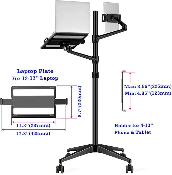 Dual Arm Height Adjustable Stand Mount with Rolling Wheel for Laptop 11-17 inch and Compatible with ipad,iPad mini.ipad pro 12.9 inch,Tablet,Ereader (Black 4 Legs)