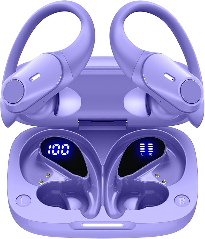 GOLREX Active Noise Cancelling Ear Buds Wireless Earbuds Bluetooth Headphones with 80H Playtime LED Display Charging Case, Over Ear Earphones with Hooks for Sports Running Gym Workout Purple