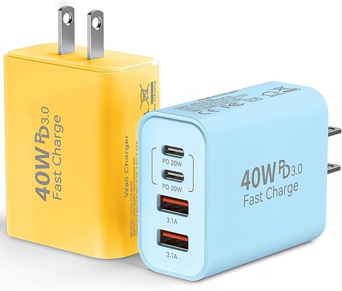 USB C Wall Fast Charger Block, 40W 4-Port Type C Chargers Fast Charging Blocks PD Power Charger Adapter+QC 3.0 USB Multiport Charger Brick for Phone 17/16/15/14/13/12 Pro Max, i-Pad, Galaxy S25-2Pack