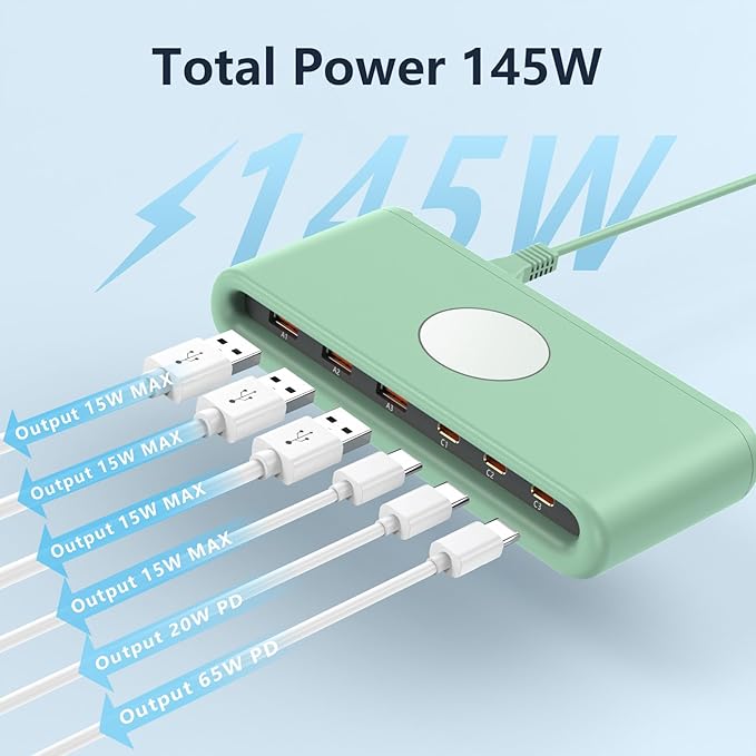 145W USB C Charging Station for Multiple Devices,6 Port USB C Hub Charger,Multi USB Charger Block for Laptop MacBook,HP,iPad,iPhone,Samsung,(Green, 145w)