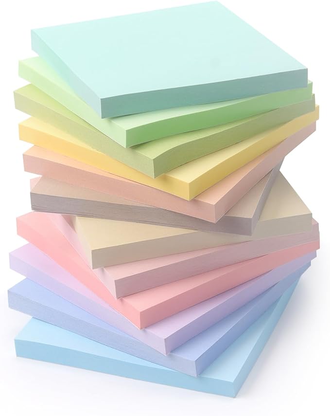 Sticky Notes 3x3 Inch, 12 Pack, 12 Pastel Multi Colors Note Pads, 50 Sheets/Pad, Perfect for Office, School, and Home Organization