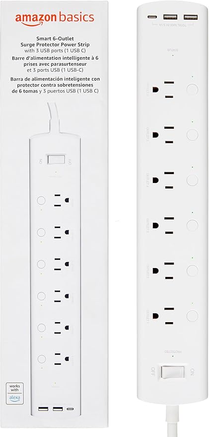 Amazon Basics Smart Plug Power Strip with 6 Individually Controlled Outlets and 3 USB Ports (2 USB-A and 1 USB-C), Works with Alexa Only, 2.4 GHz Wi-Fi, No Hub Required, White
