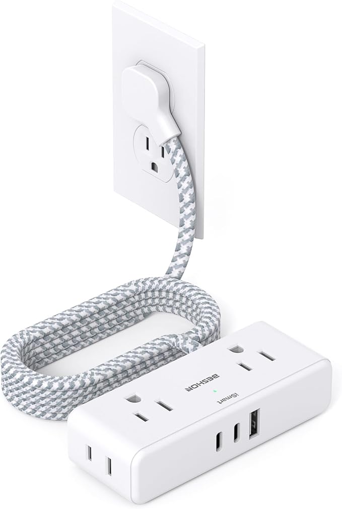 Extension Cord 10 ft, BESHON Flat Plug Power Strip, 4 Widely Outlets with 3 USB Ports (2 USB C), Extension Cord with Multiple Outlets for Home, Office, Dorm Room Essentials