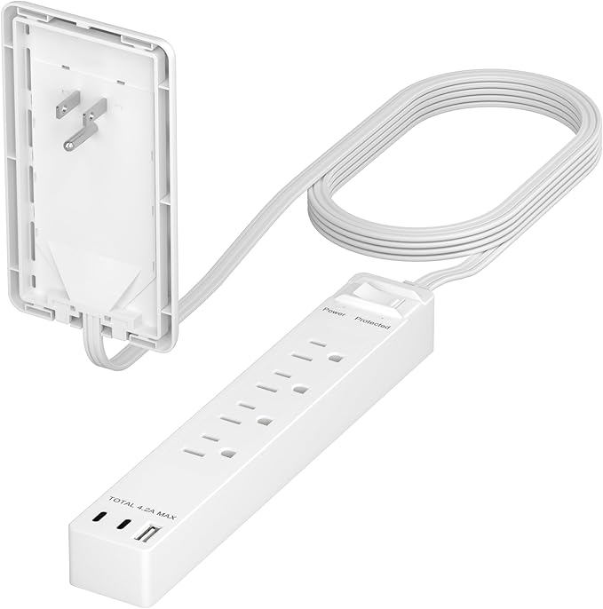 LIDER Surge Protected Outlet Extender, 4-Outlet Power Strip, 21W USB Type-A, and 2 USB Type-C Port, Ultra-Thin Wall Plate Plug with Cord Extender, Flat-Face, 5ft Cord, 1500 Joules, ETL-Listed, White