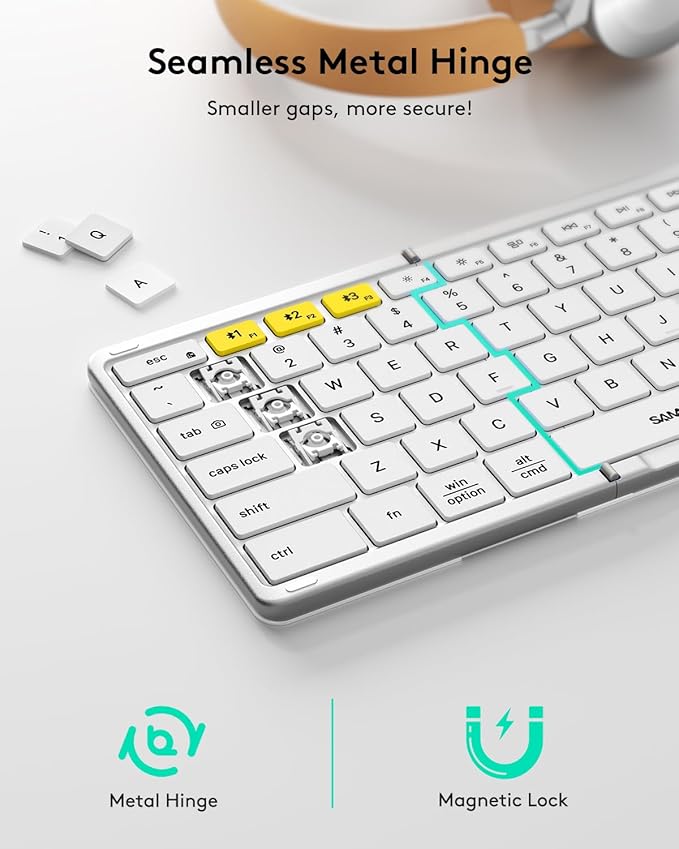 Samsers Foldable Bluetooth Keyboard with Touchpad, Full-Size Wireless Folding Keyboard with PU Leather, Portable Travel for iOS Android Windows Mac OS, Support 3 Devices (BT5.1 x 3), Silver