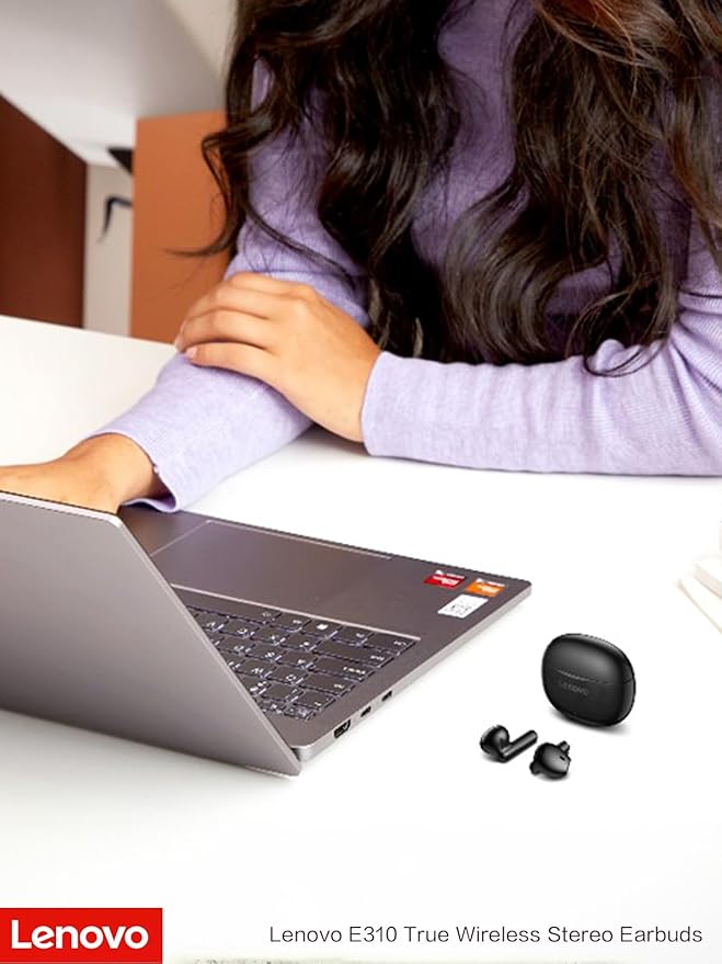 Lenovo E310 True Wireless Stereo Earbuds Bluetooth 5.3 ENC Noise-Cancelling Ear Buds with 13mm Speaker Type-C Charging 20h Battery Life for Music Calls Comfortable Fit Wireless Earbuds - Black