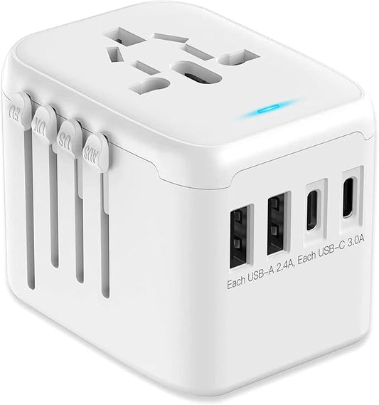 JMFONE International Power Plug Adapter, Universal Travel Adapter with 2 USB-C & 2 USB-A Ports and Multi AC Sockets, All-in-One Worldwide Travel Outlet Charger Adapter for EU US UK AU 200+ Countries