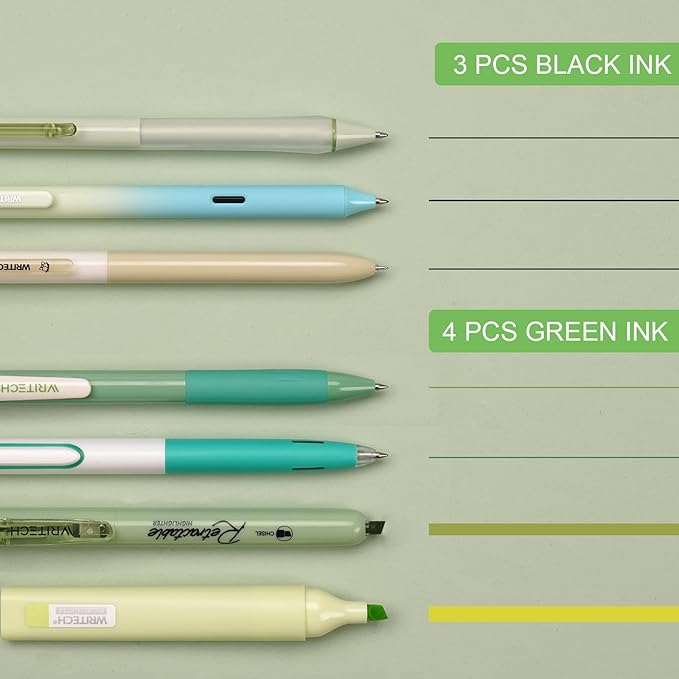 WRITECH Gel Pens Journaling Highlighters: Journal Set Aesthetic Assorted Pastel Color Ink 0.5mm Fine Point Retractable 0.7mm Black Pen Smooth Writing Drawing No Bleed 7ct (Green)