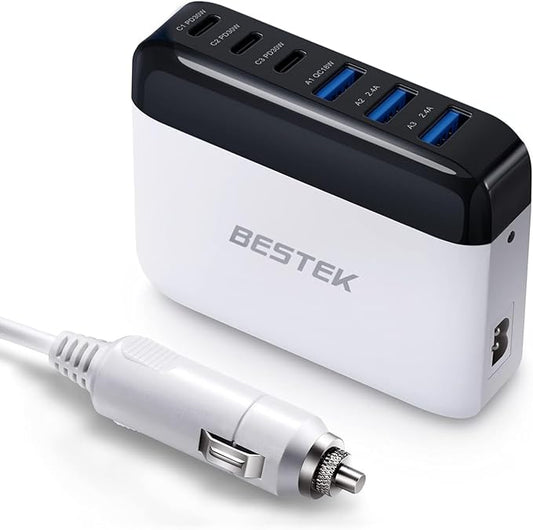 BESTEK Multi Ports USB Car Charger, Fast Charge 125W 14A Quick Charge 3.0 & USB-C PD Car Charger Adapter with Smart Identification for Cell Phones, Tablets and Other USB Devices