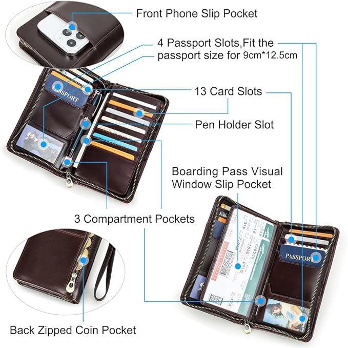 CONTACTS Travel Passport Wallet for Men Leather Family Passport Holder Travel Clutch Wallet Zipper Wrist Card Purse RFID Blocking with 13 Card Slot Fit up 4 Passports