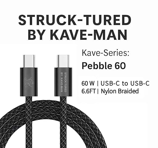 Pebble 60W USB-C to USB-C Cable – 6.6ft Black/Metal Shell| Fast Charging, Durable Nylon Braided, Universal USB-C Compatibility.
