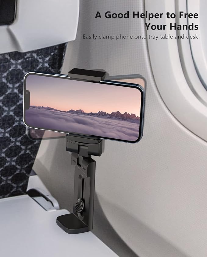 MiiKARE Travel Essentials Airplane Phone Holder, Universal Handsfree Phone Mount for Flying with 360 Degree Rotation, Travel Must Haves Phone Stand for Desk, Tray Table, Black&Pink