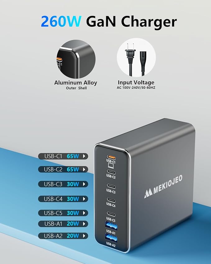 Aluminum Alloy 260W USB C Charger GaN Fast USB C Charging Station 7 Ports 65W Laptop Charger for MacBook Pro/Air/iPad Pro/iPhone (Gray)