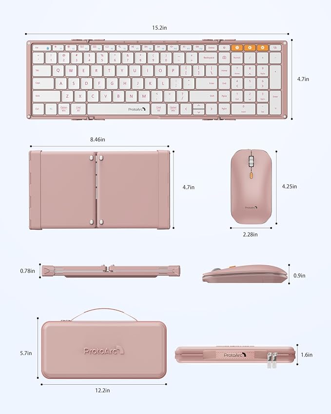 ProtoArc Foldable Keyboard and Mouse, XKM01 True Full-Size Folding Wireless Keyboard Mouse Combo for Business Travel, a Portable Office Suite On-The-Go, Compatible with Laptop iPad Tablet - Pink