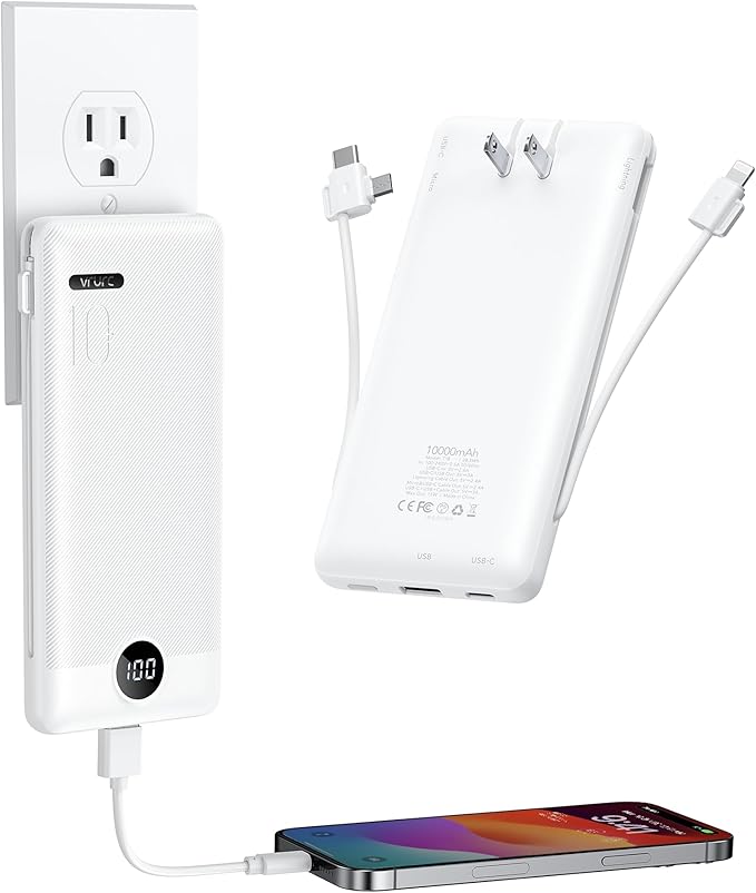VRURC Portable Charger 10000mAh, Slim Portable Charger with Wall Plug, 22.5W USB Port Fast Charging Power Bank with Cables, 4 Outputs 2 Inputs Travel Essentials Battery for Smartphones-White (1 Pack)