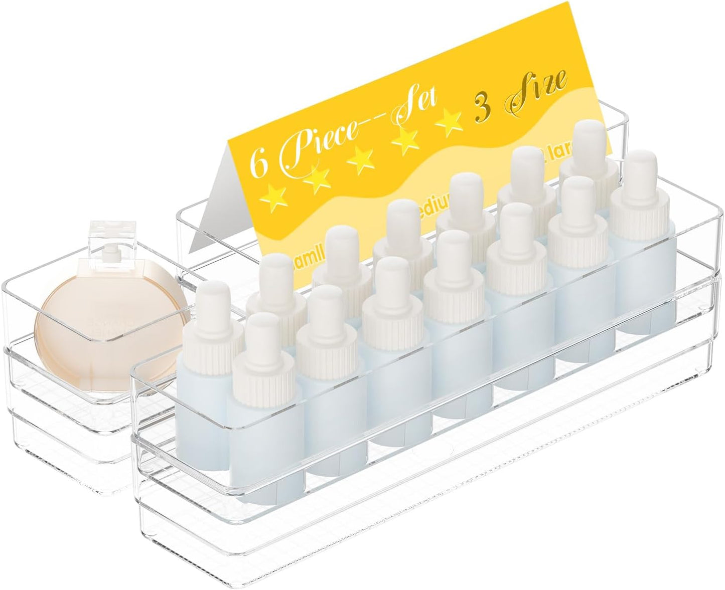 6 PCS Clear Plastic Drawer Organizer Set, 2 Sizes Acrylic Drawer Storage Trays Non Slip Storage Bins for Makeup, Jewelry, Gadgets for Kitchen, Bedroom, Bathroom, Office