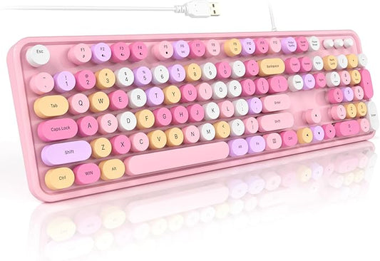 Colorful Computer Keyboards Wired, USB Plug and Play Full Size Typewriter Keyboard, Cute Aesthetic Keyboard with Foldable Stands for Windows PC Laptop (Pink)