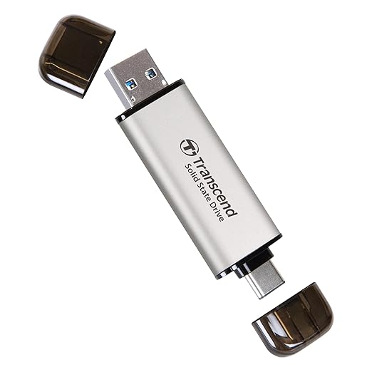 Transcend 2TB External SSD, Up to 1,050MB/s, Dual USB Flash Drive for iPhone17,16,15/ Pixel/Android Phones/Tesla/iPad/Mac/Steam Deck/ROG Ally/MSI Claw/PS5, 2-in-1 Type C&A, USB 3.2 Gen2 Portable SSD