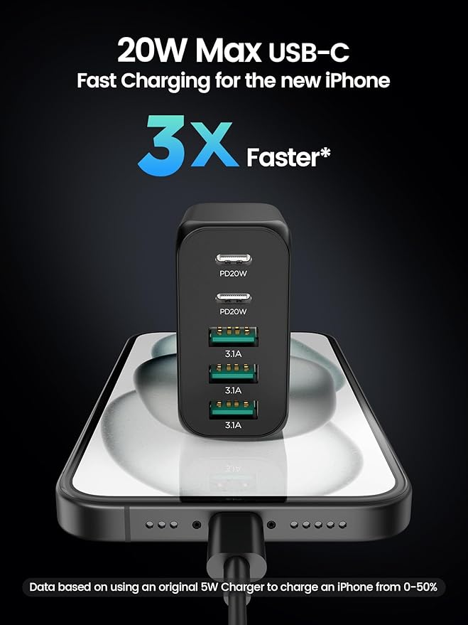 USB C Charger Block, Type C Charger Fast Charging,Total 50W 5-Port USB Wall Charger Multiport Type C Charging Block Cube for iPhone 17/16/15/14/13/12/11 Pro Max XS, iPad, Samsung & More-Black