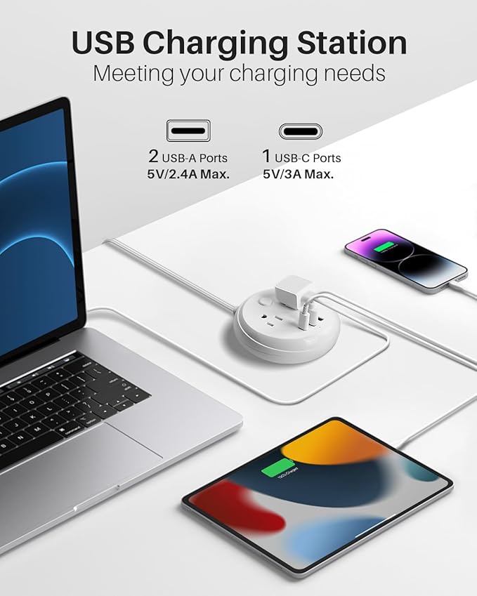 Flat Plug Power Strip with USB C Ports, KOOSLA Travel Extension Cord No Surge Protection - 2 Outlets 3 USB Ports(1250W) - Cruise Essentials for Cruise Ship, Home, Office, Dorm Room, 10ft