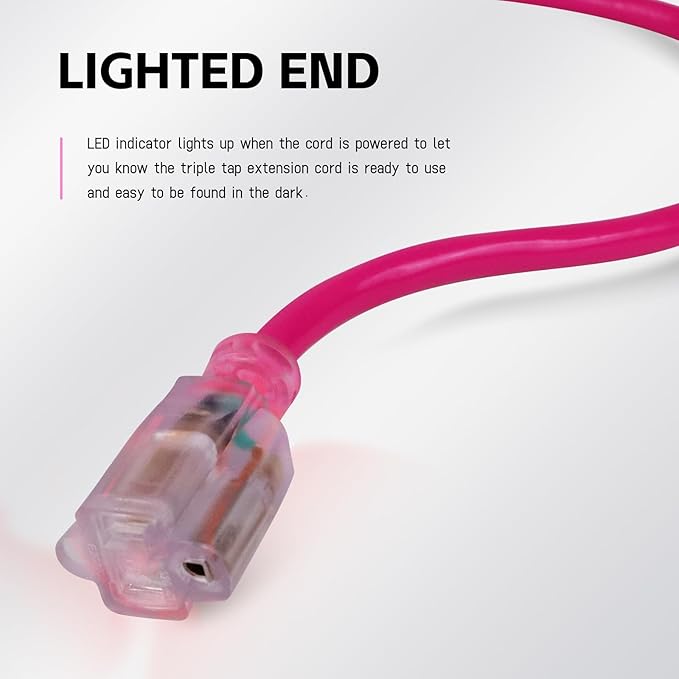 EP 6 Ft Outdoor Extension Cord with Lighted End, 12/3 Gauge SJTW Heavy Duty Extension Cable with 3 Prong Grounded Plug, 15AMP 1875W 12AWG, Pink, UL Listed