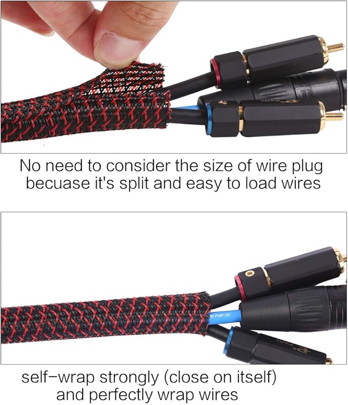 Alex Tech 25ft - 1/2 inch Cord Protector Wire Loom Tubing Cable Sleeve Split Sleeving for USB Cable Power Cord Audio Video Cable – Protect Cat from Chewing Cords - BlackRed