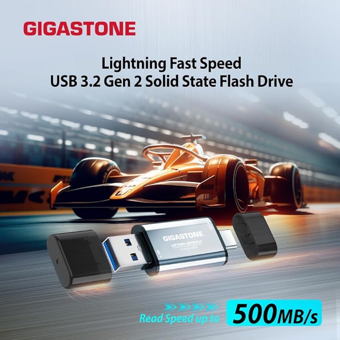 Gigastone Duo Go USB-A+C 1TB (2-Pack) Dual External Portable SSD 500MB/s Glossy Surface, Supports Apple 4K 60fps ProRes HDR Video Recording USB3.2 Gen 2 for iPhone 16 PS5 Mac iPad Laptop Android
