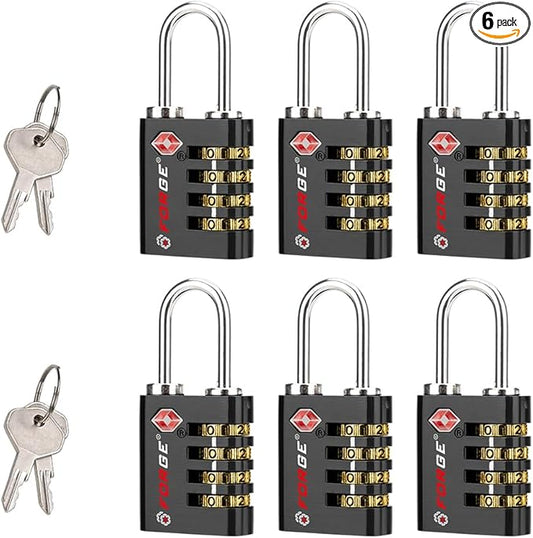 Forge Dual-Opening: Key or Combination Access Lock, Use Key to Recover Code If Forgotten, TSA Approved Locks for Luggage, Pelican case, Travel, Gym, School, Stainless Steel Shackle.(Black 6 Pk)