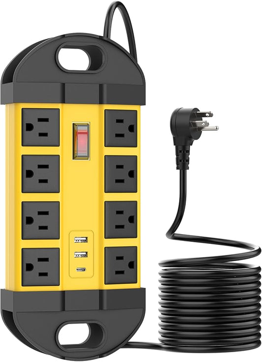 HHSOET Outdoor Weatherproof 8 Outlet Power Strip, IPX6 Waterproof Surge Protector, 2 USB-A 1 USB-C Ports, 15 FT Extension Cord for Outdoor Patio Garden Porch Garage