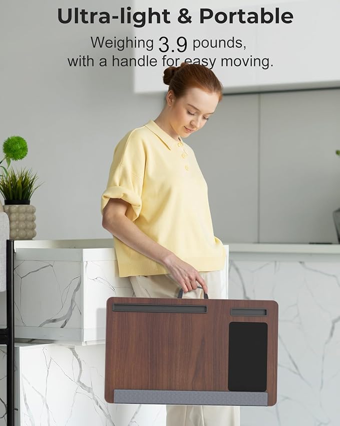 Lap Desk - Up to 17” Laptop Tray with Wrist Rest, Portable Handle, Fixed Mouse Pad, Tablet & Phone Slots, Laptop Lap Desk with Cushion (Dark Brown)