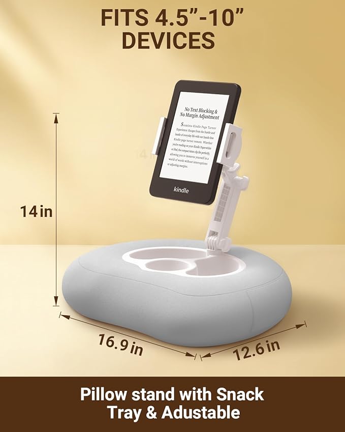 Kindle Pillow Stand for Bed, Adjustable Tablet & Phone Holder for iPad, Kindle, Couch – Snack & Drink Holders, 50 Disposable Liners & Washable Pillow Cover (Grey)