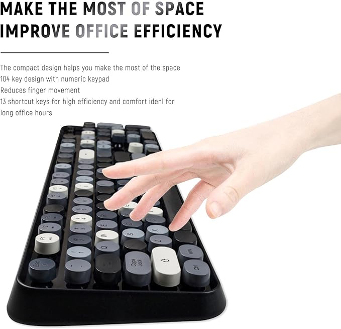 LETTON Wireless Keyboard Mouse Combo, 2.4GHz Typewriter Keyboard Wireless, Colorful Full Size Office Computer Retro Keyboard and Cute Mouse with 3 DPI for Mac PC Desktop Laptop-Black Grey