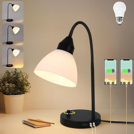 Desk Lamps, Table Lamps for Bedrooms with 2 USB Port, Stepless Dimmable Bedside Lamps, Adjustable Gooseneck Lamp for Living Room, Small Lamps for Office Reading, Nightstand Lamps with 5W LED Bulb