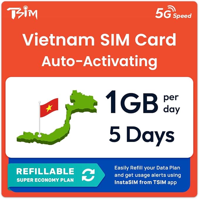 Vietnam Data Sim Card | 5 Days 1GB/Day | Auto Activation | Hotspot Allowed | No Phone Number | Refillable Plan via Insta Sim App