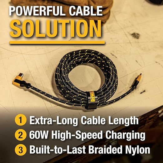 DEWALT Heavy Duty Extra Long USB C Cable (20 ft/6M), Fast 60W Type C Charging Cable, 90Degree Connector TypeC Charger Cord for Oculus Quest, PS5 Controller, Samsung Galaxy, Z Fold/Flip (Charge Only)