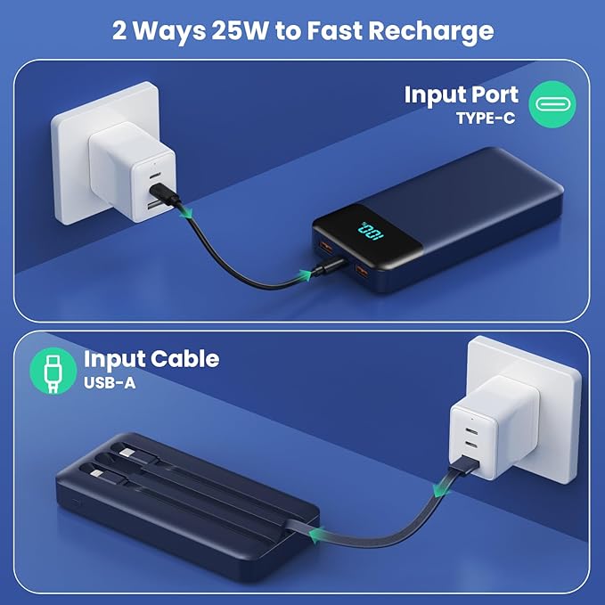 Portable Charger 40800mAh Power Bank with 3 Built-in Cables,PD 25W USB C in&Out Power Bank Fast Phone Charging,QC4.0 5 Output LED Display Battery Pack Compatible with iPhone 17/16,Samsung Android-Navy