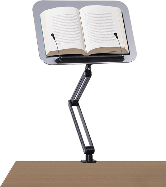 ASIEIT Desk Clamp Book Stand, Aluminum Book Holder Adjustable Height & Angle, Cookbook Stand for Kitchen, Recipe Book Holder with 360° Swivel Base, Book Stand for Reading, Office, Laptop