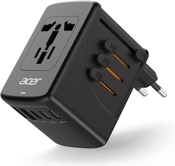 Acer Universal Travel Plug Adapter - International Power Adapter with 5 USB Ports (3 USB C) 5.8A, Worldwide Outlet Charger for USA to European UK France Germany Spain, Type C/E/F/G/I/L/A, Black