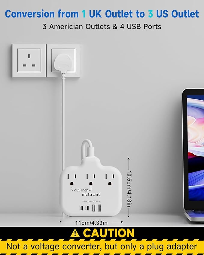 Type G Adapter for Travel,meta-ant US to UK Travel Adapter with 5ft Extension Cord,3 Outlets 4 USB(2 USB-C), Type G UK Ireland Travel Plug Adapter to British Scotland England London Hong Kong Dubai