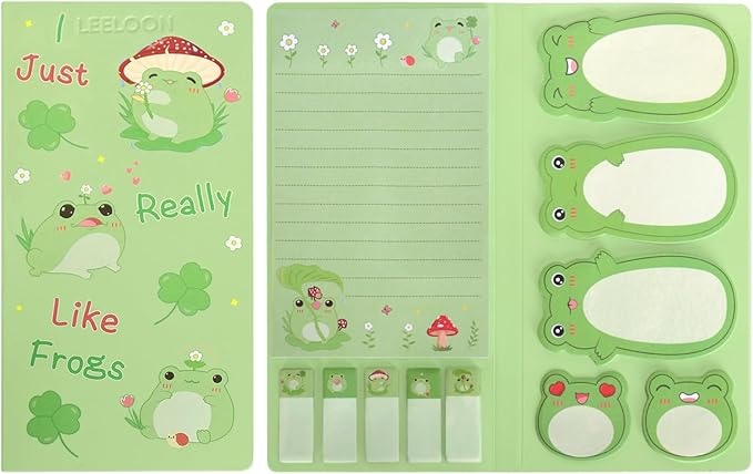 I Just Really Like Frogs Sticky Notes Set, Cute Sticky Notepads Cartoon Frogs Self-Stick Notes Pads Animal Sticky Notes Divider Tabs Writing Memo Pads for Frog Lovers Office School Supplies